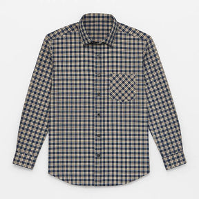 camisa masculina xadrez azul, preto e branco em algodão com poliéster, manga longa, gola estruturada e botões escuros