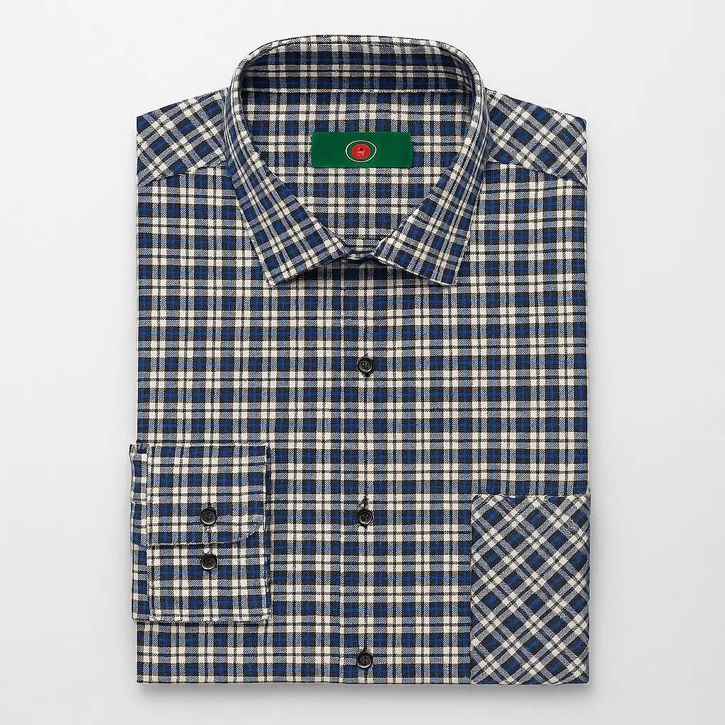  camisa masculina xadrez azul, preto e branco em algodão com poliéster, manga longa, gola estruturada e botões escuros