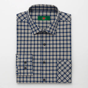  camisa masculina xadrez azul, preto e branco em algodão com poliéster, manga longa, gola estruturada e botões escuros