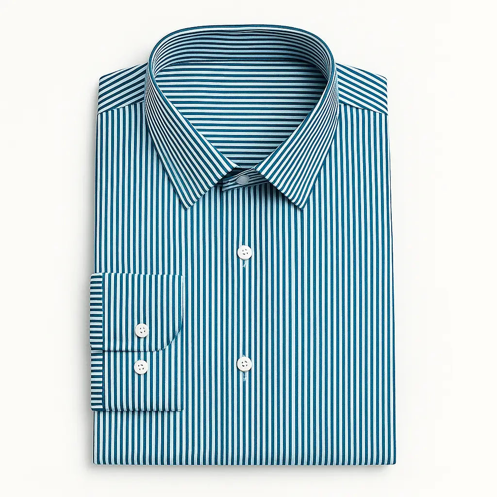 camisa social masculina slim fit verde com listras brancas em algodão, manga longa, gola estruturada e botões claros