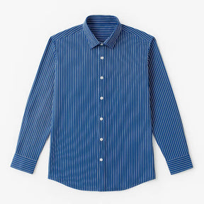 camisa social masculina slim fit azul com listras brancas em algodão, manga longa, gola estruturada e botões claros