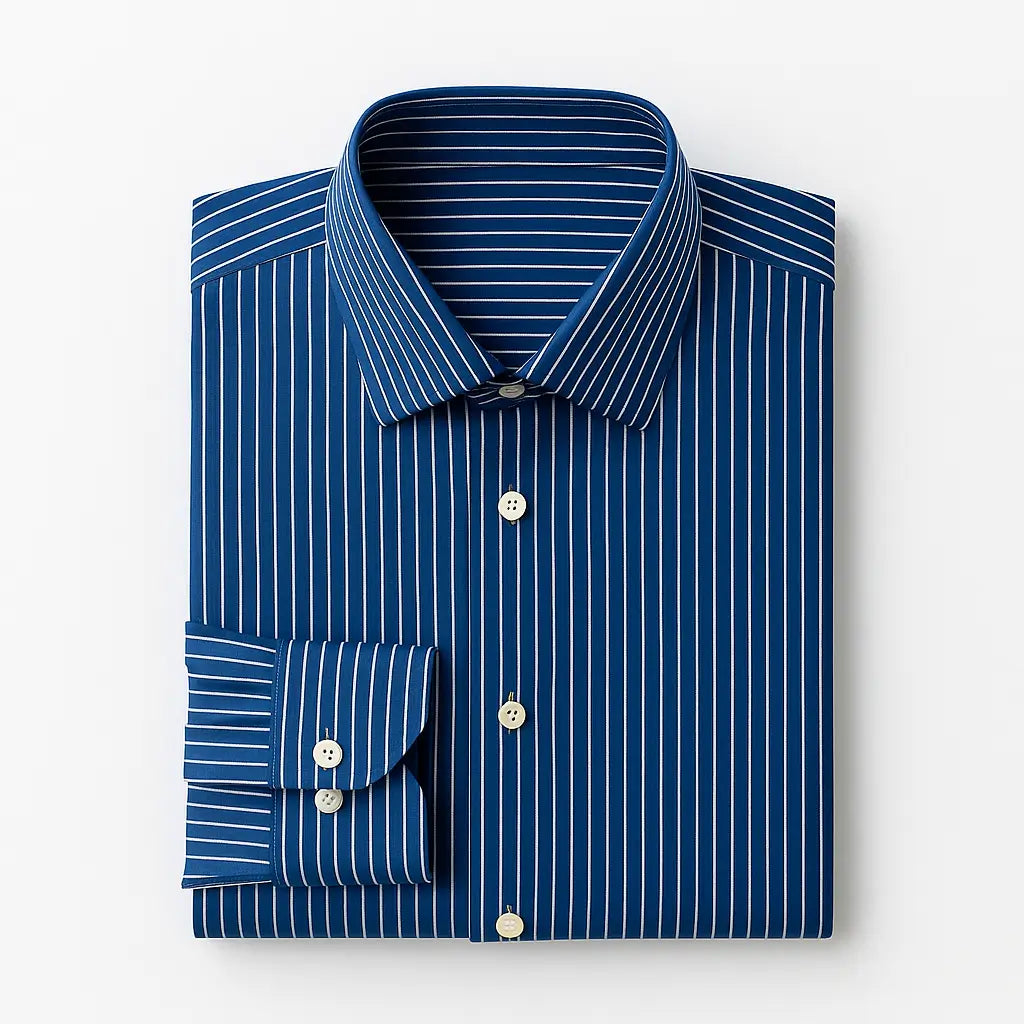 camisa social masculina slim fit azul com listras brancas em algodão, manga longa, gola estruturada e botões claros