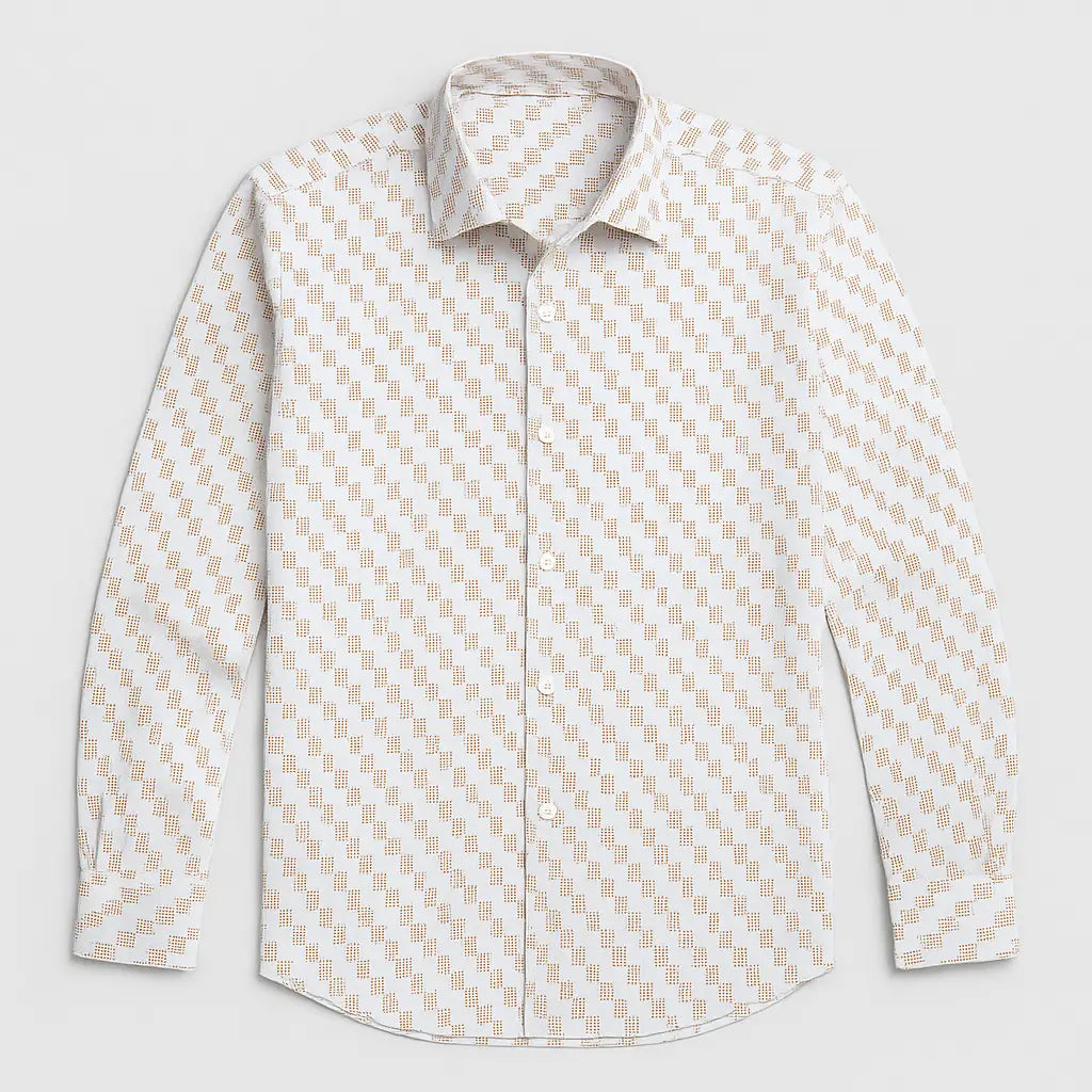 camisa masculina manga longa com fechamentos em botões e estampa geometrica