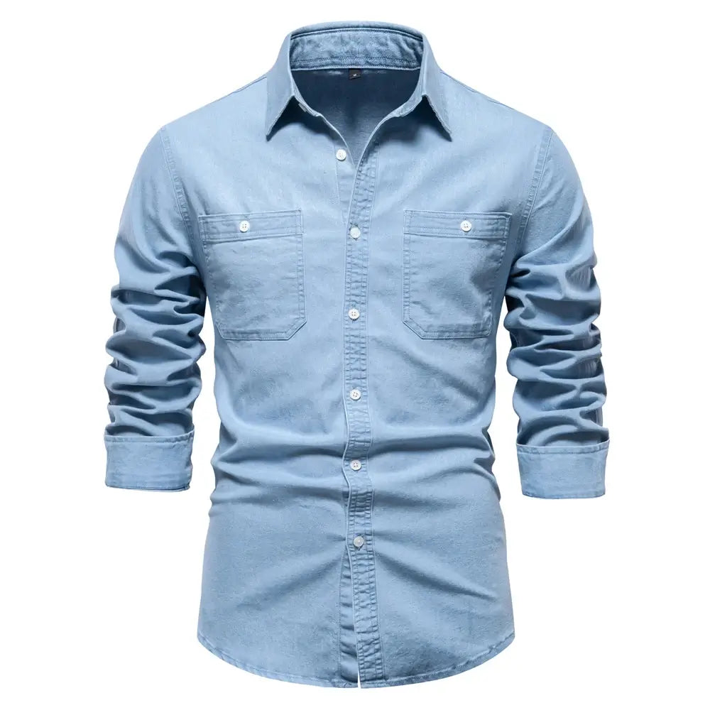 Camisa Masculina Jeans Algodão Denim manga longa e fechamento com botões 