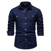 Camisa Masculina Jeans Algodão Denim manga longa e fechamento com botões 