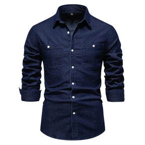 Camisa Masculina Jeans Algodão Denim manga longa e fechamento com botões 