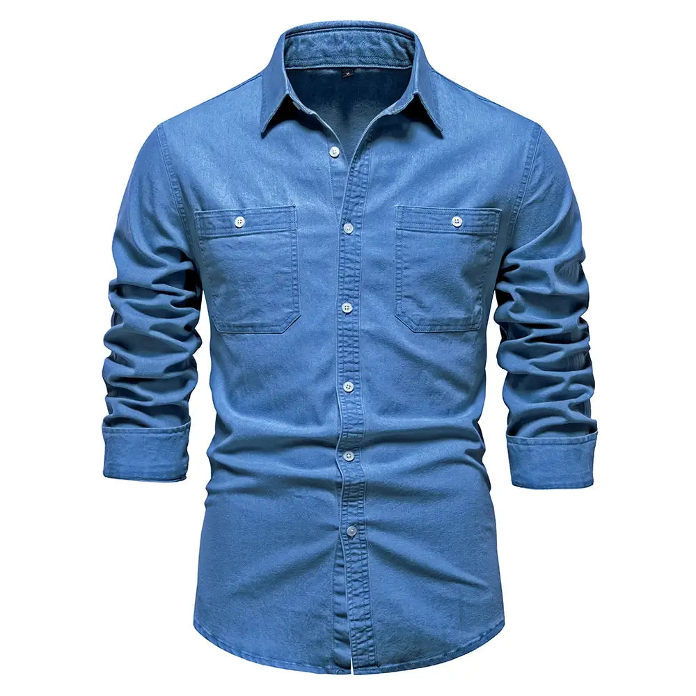 Camisa Masculina Jeans Algodão Denim manga longa e fechamento com botões 