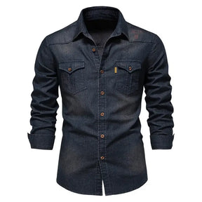 Camisa Masculina Jeans Casual manga longa e fechamento com botões