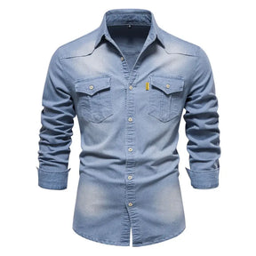 Camisa Masculina Jeans Casual manga longa e fechamento com botões