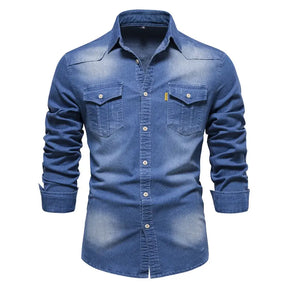 Camisa Masculina Jeans Casual manga longa e fechamento com botões