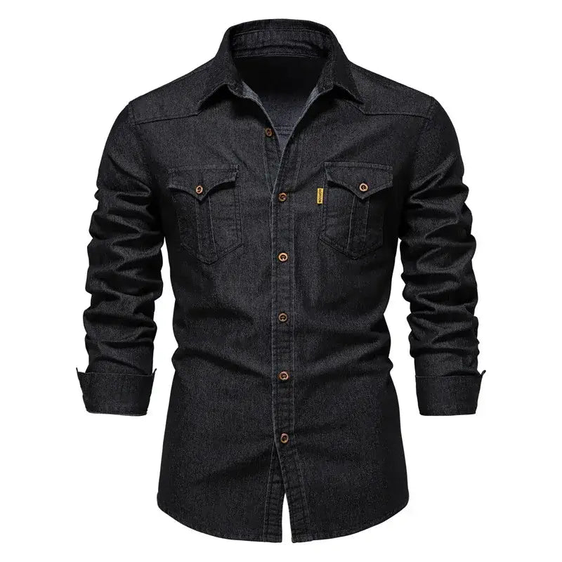 Camisa Masculina Jeans Casual manga longa e fechamento com botões