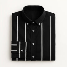 Camisa masculina listrada slim fit em tecido stretch, manga longa, elástica e sem necessidade de passar.