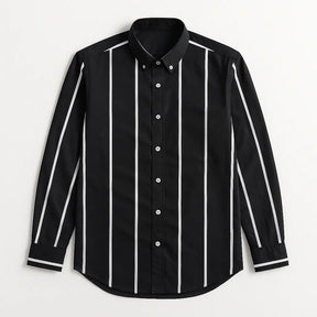 Camisa masculina listrada slim fit em tecido stretch, manga longa, elástica e sem necessidade de passar.