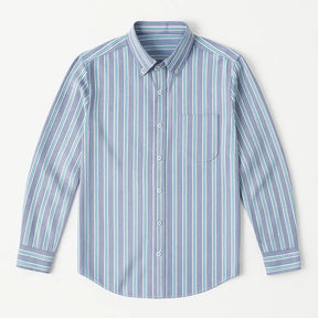 Camisa masculina Oxford listrada em algodão premium, manga longa e bolso discreto.