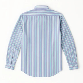 Camisa masculina Oxford listrada em algodão premium, manga longa e bolso discreto.