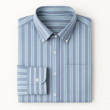 Camisa masculina Oxford listrada em algodão premium, manga longa e bolso discreto.