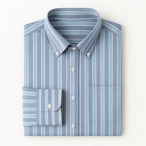 Camisa masculina Oxford listrada em algodão premium, manga longa e bolso discreto.