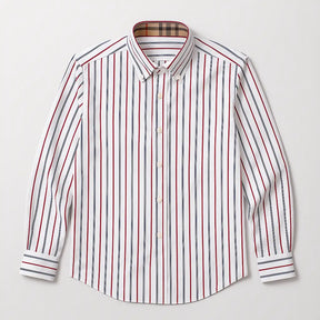 Camisa masculina Oxford listrada slim fit em algodão premium, manga longa e gola estruturada.
