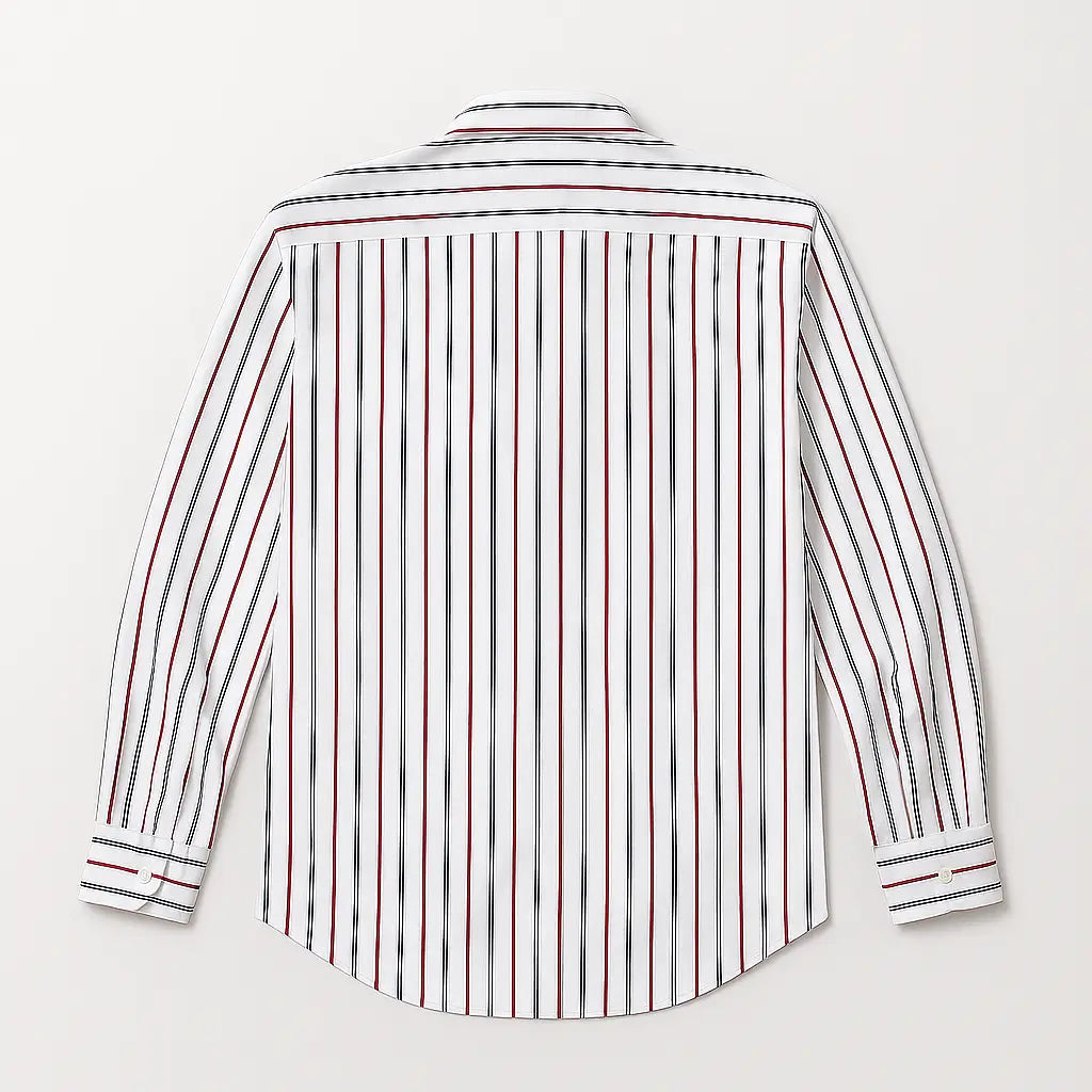 Camisa masculina Oxford listrada slim fit em algodão premium, manga longa e gola estruturada.