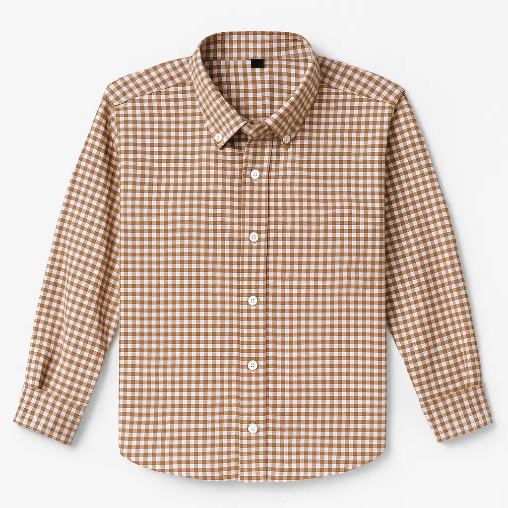 camisa social masculina slim fit oxford xadrez marrom e branco em algodão, manga longa, gola estruturada e botões claros

