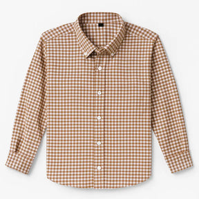 camisa social masculina slim fit oxford xadrez marrom e branco em algodão, manga longa, gola estruturada e botões claros
