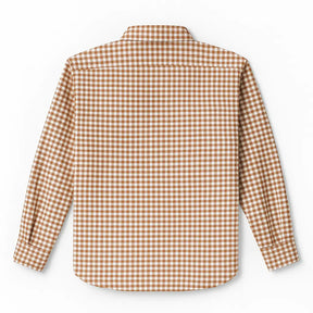 camisa social masculina slim fit oxford xadrez marrom e branco em algodão, manga longa, gola estruturada e botões claros
