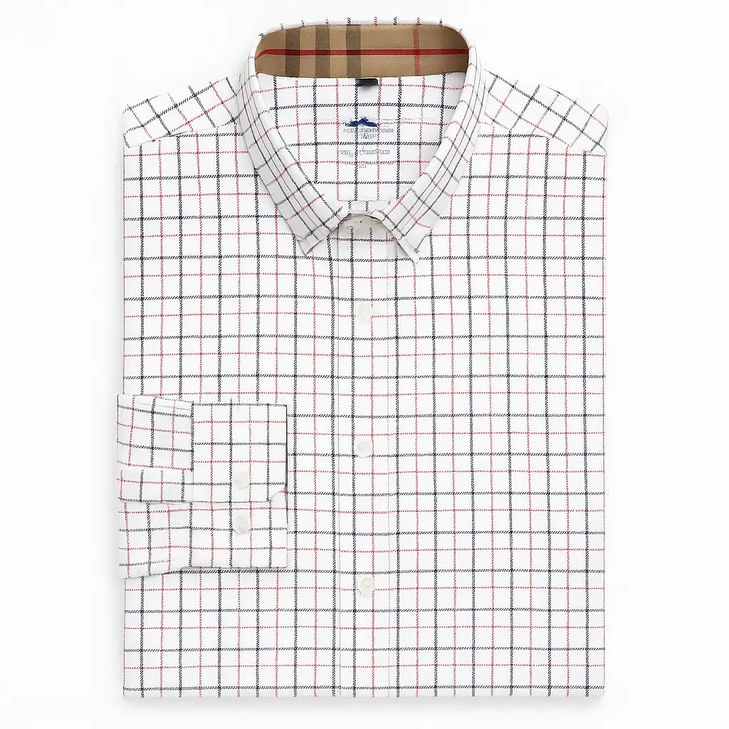 Camisa masculina Oxford xadrez slim fit em algodão premium, manga longa, gola estruturada e padrão quadriculado azul.