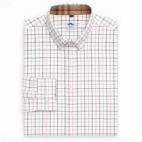 Camisa masculina Oxford xadrez slim fit em algodão premium, manga longa, gola estruturada e padrão quadriculado azul.