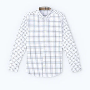 Camisa masculina Oxford xadrez slim fit em algodão premium, manga longa, gola estruturada e padrão quadriculado azul.
