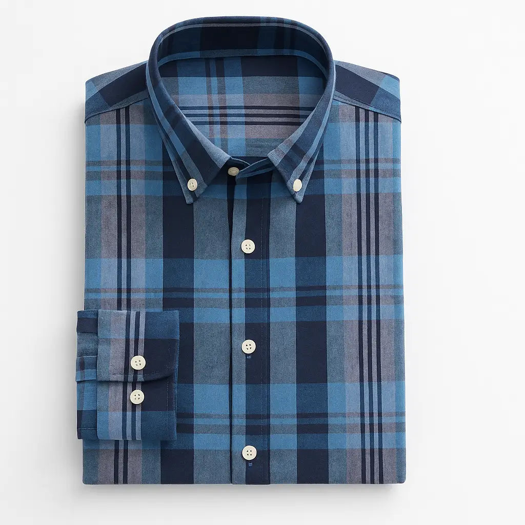 Camisa masculina xadrez , manga longa, algodão e linho, bolso frontal, estilo casual elegante.