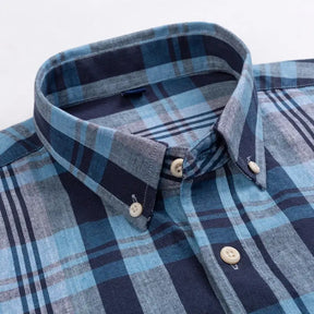 Camisa masculina xadrez , manga longa, algodão e linho, bolso frontal, estilo casual elegante.