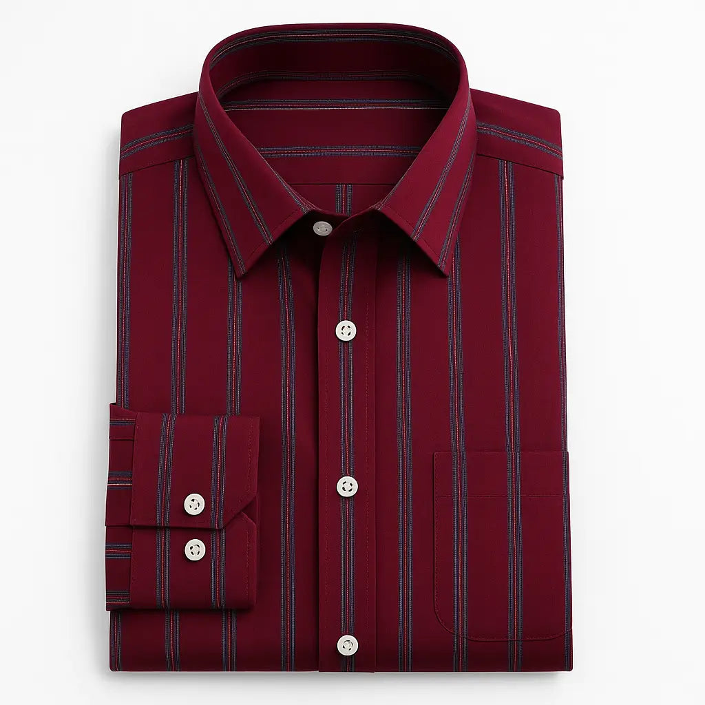 Camisa masculina Oxford listrada vinho slim fit em algodão premium, manga longa e gola estruturada.