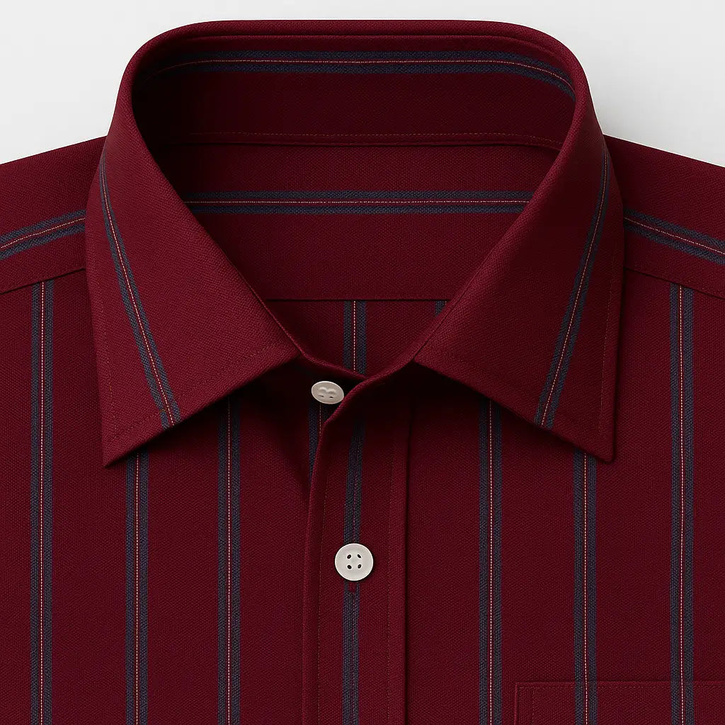 Camisa masculina Oxford listrada vinho slim fit em algodão premium, manga longa e gola estruturada.