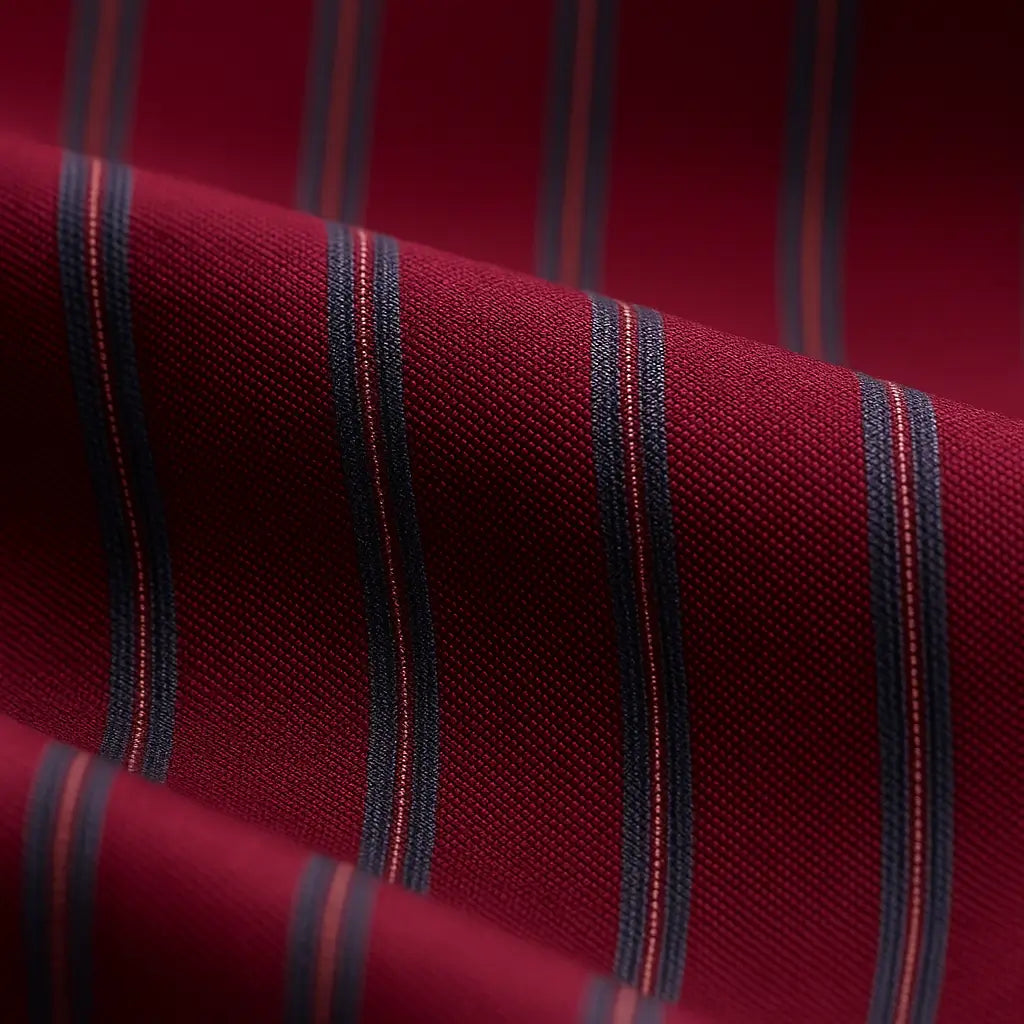 Camisa masculina Oxford listrada vinho slim fit em algodão premium, manga longa e gola estruturada.