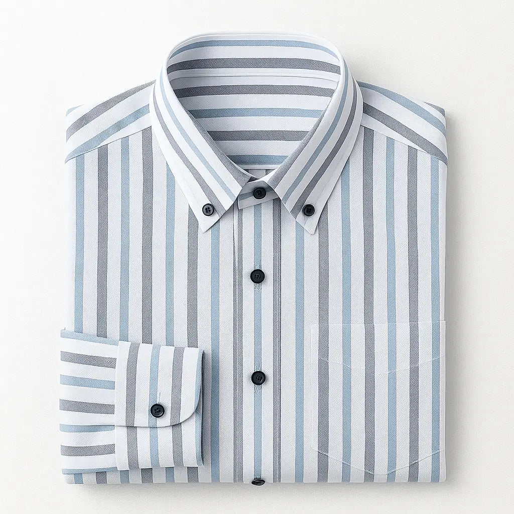 Camisa masculina Oxford listrada slim fit azul em algodão premium, manga longa e bolso discreto.