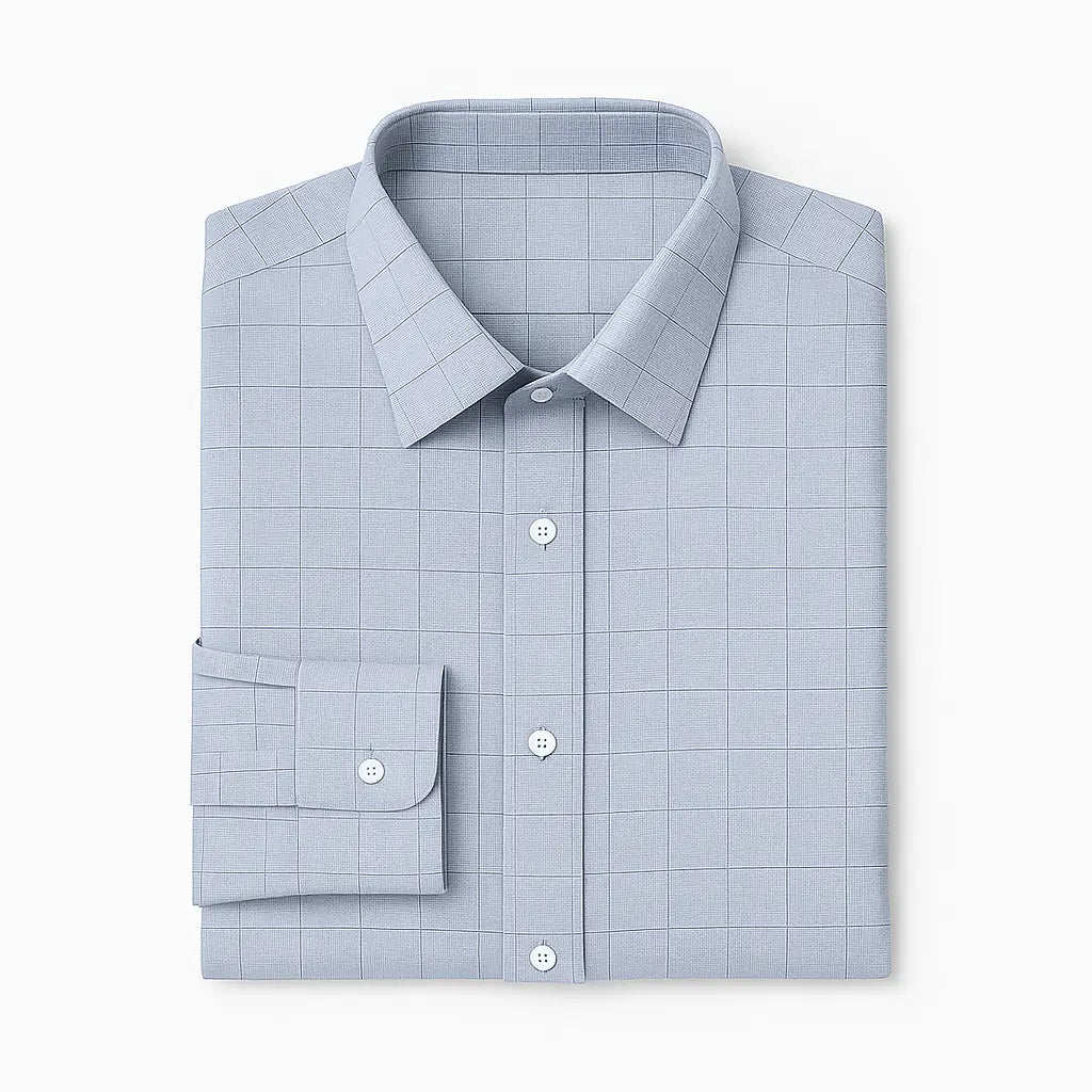 camisa social masculina slim fit cinza claro em algodão com elastano, manga longa, padrão xadrez discreto e gola estruturada
