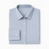 camisa social masculina slim fit cinza claro em algodão com elastano, manga longa, padrão xadrez discreto e gola estruturada
