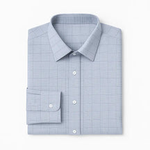 camisa social masculina slim fit cinza claro em algodão com elastano, manga longa, padrão xadrez discreto e gola estruturada
