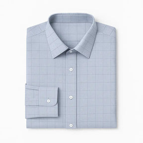 camisa social masculina slim fit cinza claro em algodão com elastano, manga longa, padrão xadrez discreto e gola estruturada
