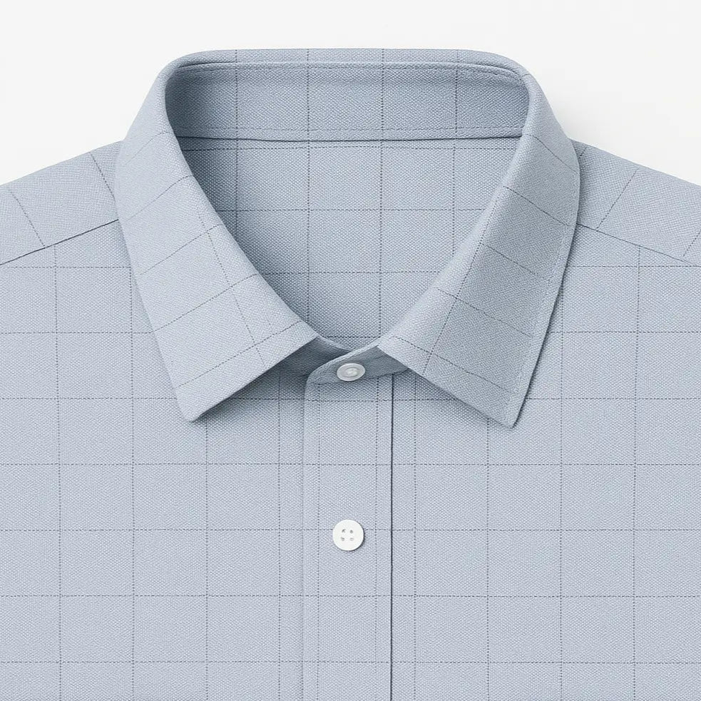 camisa social masculina slim fit cinza claro em algodão com elastano, manga longa, padrão xadrez discreto e gola estruturada
