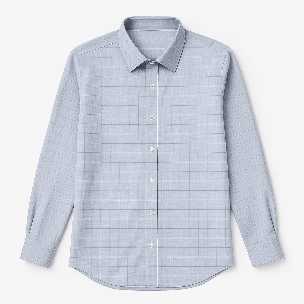 camisa social masculina slim fit cinza claro em algodão com elastano, manga longa, padrão xadrez discreto e gola estruturada
