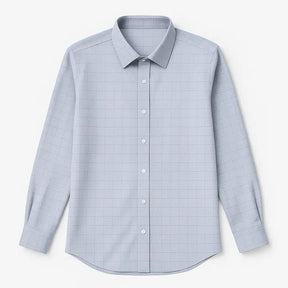 camisa social masculina slim fit cinza claro em algodão com elastano, manga longa, padrão xadrez discreto e gola estruturada
