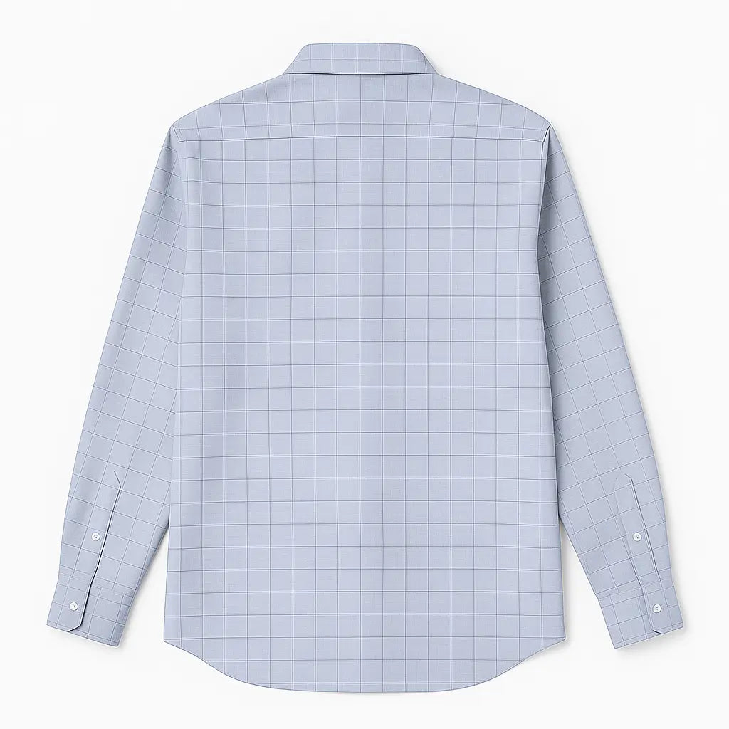 camisa social masculina slim fit cinza claro em algodão com elastano, manga longa, padrão xadrez discreto e gola estruturada
