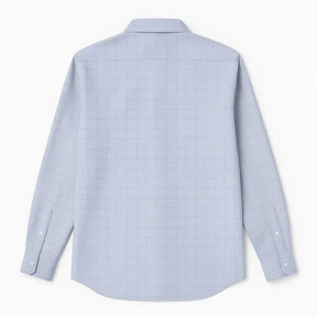 camisa social masculina slim fit cinza claro em algodão com elastano, manga longa, padrão xadrez discreto e gola estruturada
