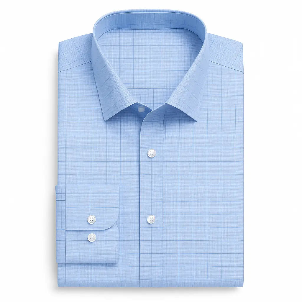 camisa social masculina slim fit azul claro em algodão com elastano, manga longa, padrão xadrez discreto e gola estruturada
