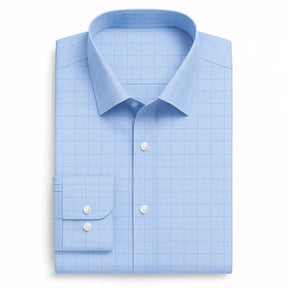 camisa social masculina slim fit azul claro em algodão com elastano, manga longa, padrão xadrez discreto e gola estruturada
