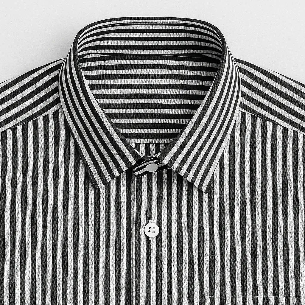 camisa social masculina listrada preta e branca em algodão, manga longa, modelagem slim fit, dobrada sobre fundo claro