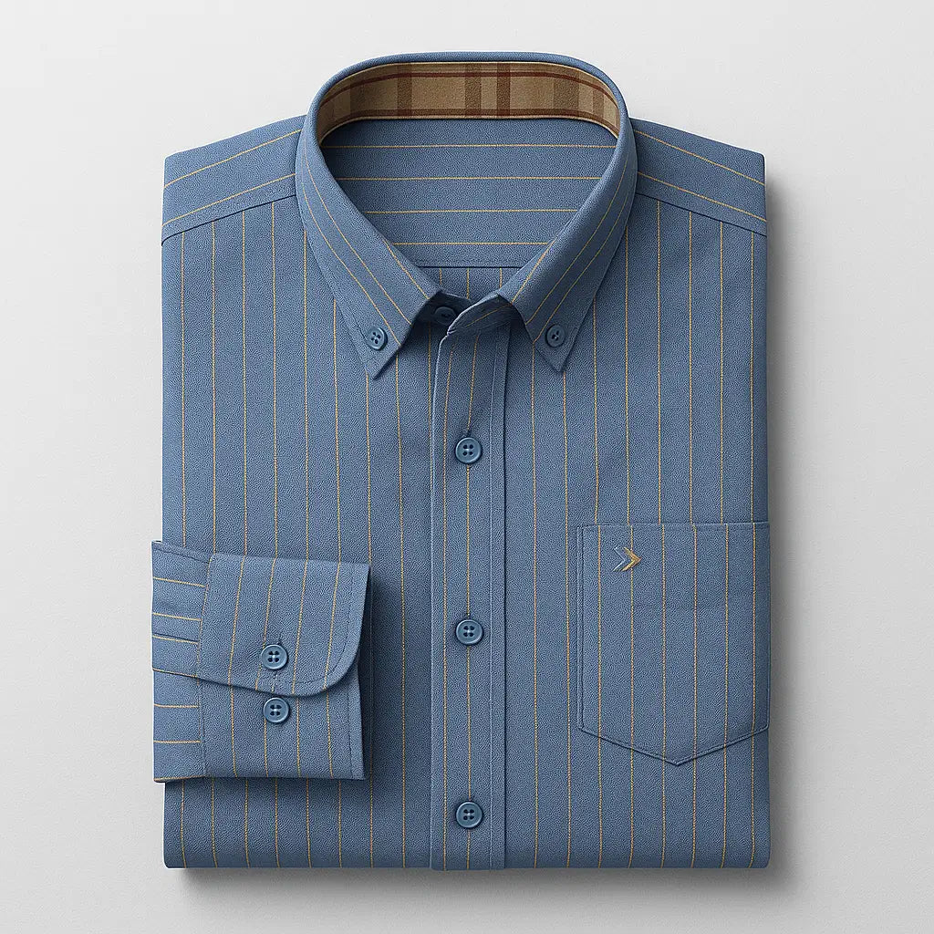 camisa social masculina oxford  em algodão, manga longa, gola estruturada e detalhe interno contrastante