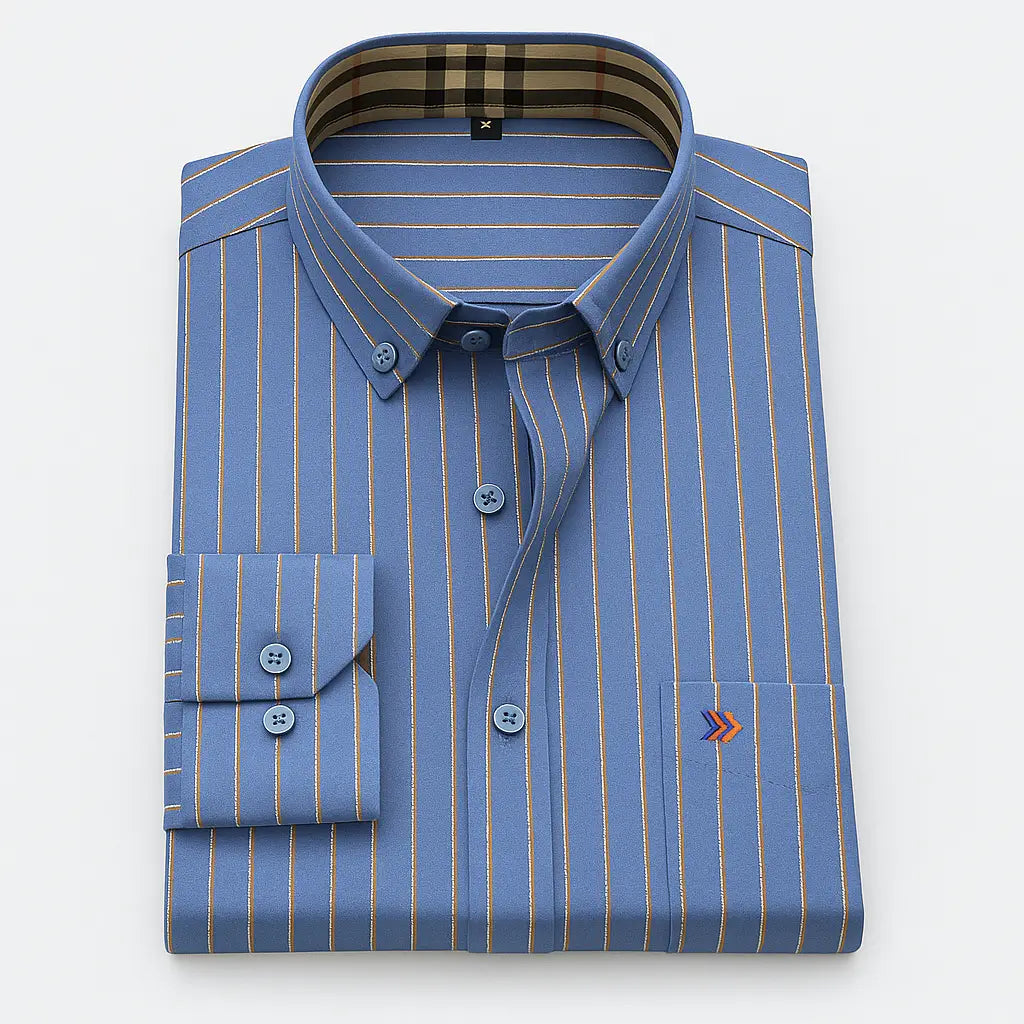 camisa social masculina oxford  em algodão, manga longa, gola estruturada e detalhe interno contrastante