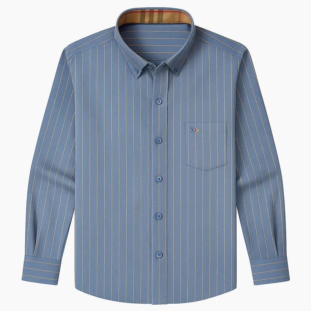 camisa social masculina oxford  em algodão, manga longa, gola estruturada e detalhe interno contrastante